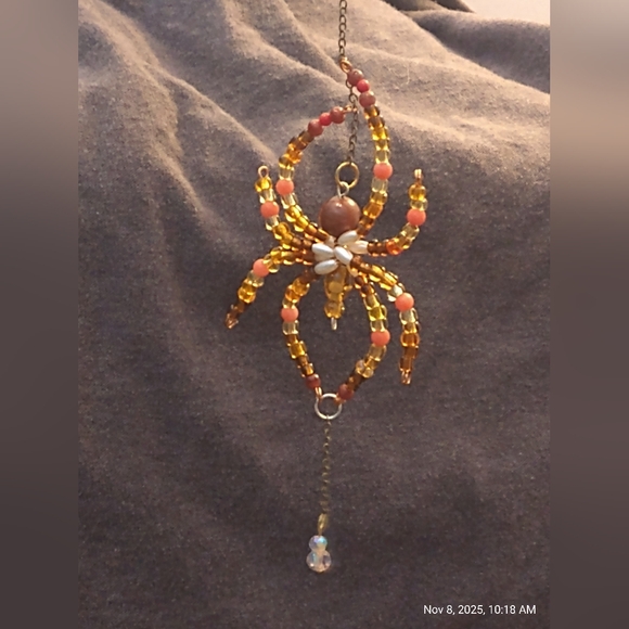 Hand Crafted Beaded Spider Pendant in Gold and Orange - Picture 9 of 9
